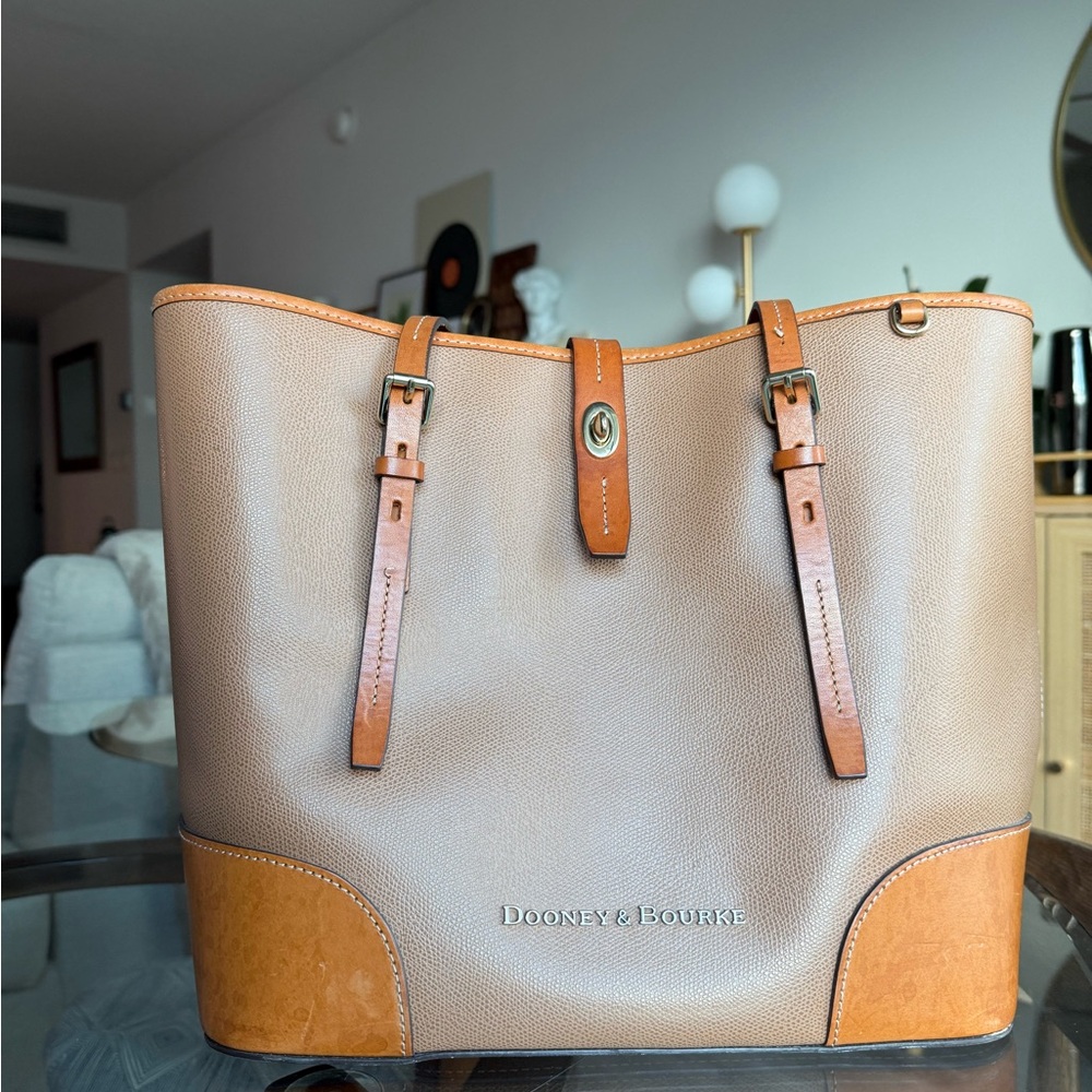 Dooney & Bourke Tan and Brown Leather Tote Bag with Weatherproof Lining